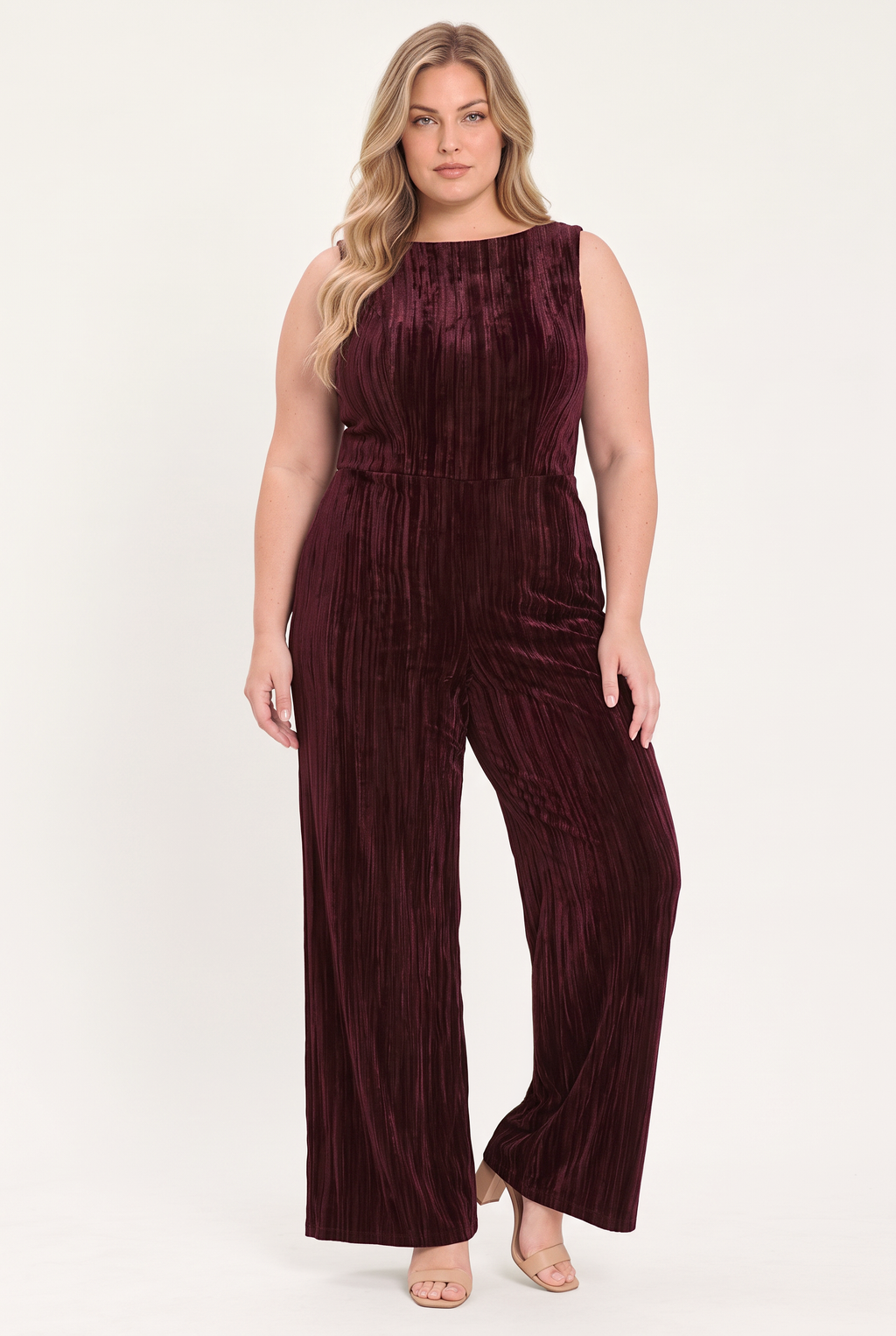 BORDEAUX NIGHTS BURGUNDY TEXTURED VELVET WIDE-LEG JUMPSUIT