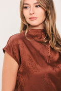 BURGUNDY DYNASTY JACQUARD SATIN FUNNEL-NECK TOP