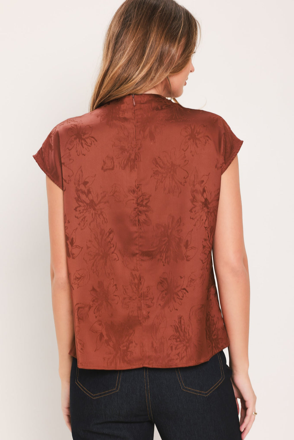 BURGUNDY DYNASTY JACQUARD SATIN FUNNEL-NECK TOP