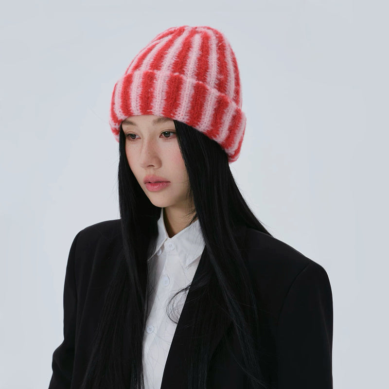 Fuzzy Contrast Striped Beanie