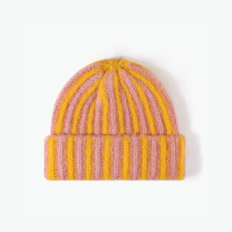 Fuzzy Contrast Striped Beanie