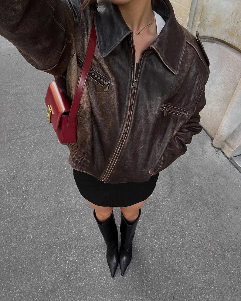 Vintage 90s Oversized Leather Bomber Jacket ,Distressed Black Real Leather Jacket,  Parisian Street Style Women’s Outerwear.