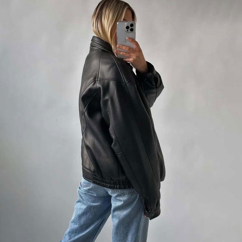 Vintage Black Leather Bomber Jacket 90s Oversized Genuine Leather Jacket  Outerwear Gift For Here Ladies Soft Leather Jacket