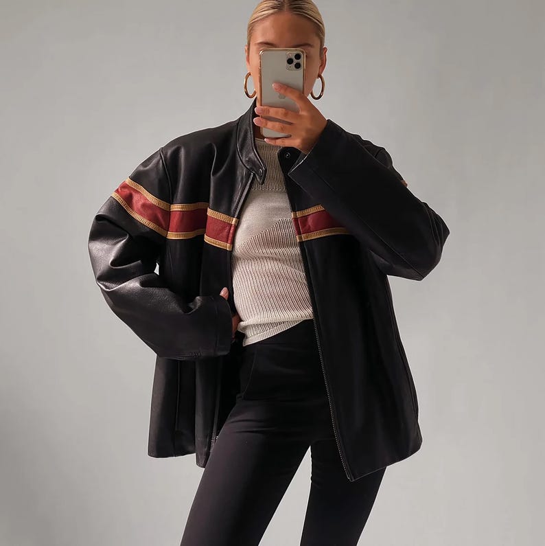 1980's Women Distressed Black Oversized Jacket, Women's Casual Genuine Leather Jacket, Women Black Striped Jacket, Christmas Gift For Her