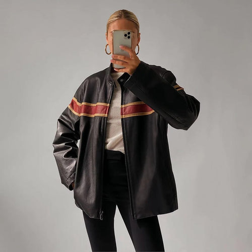 1980's Women Distressed Black Oversized Jacket, Women's Casual Genuine Leather Jacket, Women Black Striped Jacket, Christmas Gift For Her